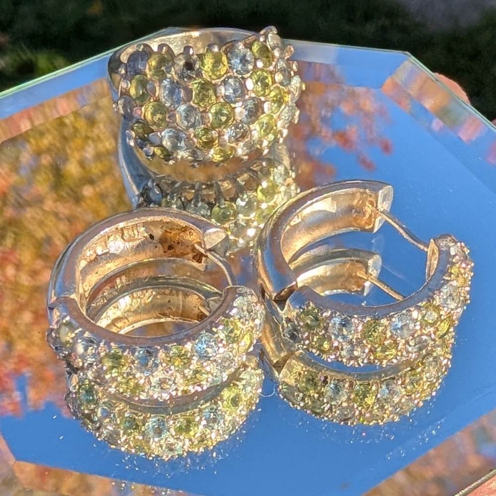 Silver Set Ring & Earrings Peridot Green Blue Topaz Gemstones 925 Jewelry VTG
